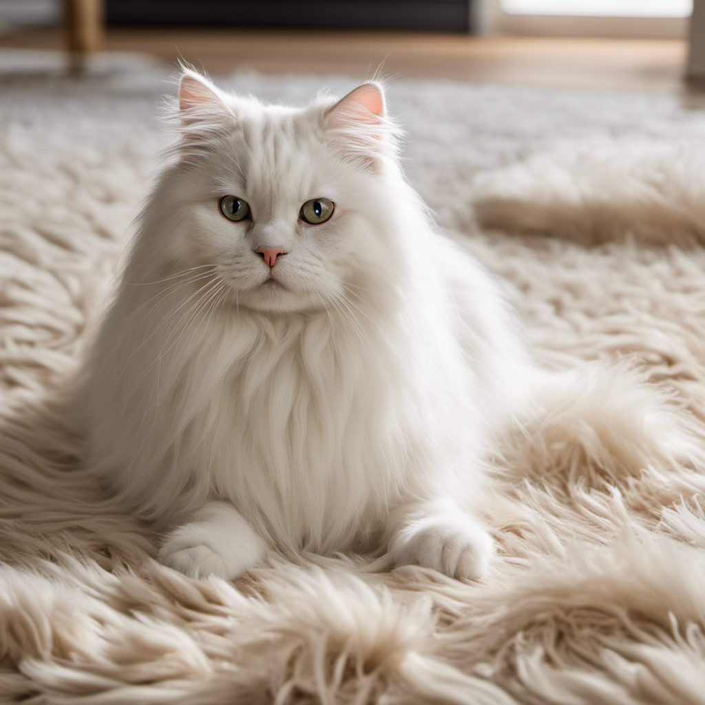 An image showcasing a fluffy white Persian cat lounging on a pristine, fur-free carpet