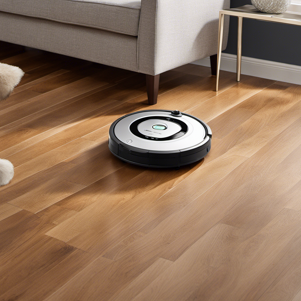 An image showcasing a sleek Roomba gliding effortlessly across a hardwood floor, effortlessly picking up pet hair with specialized brushes, while tiny particles of dust and fur float in the air