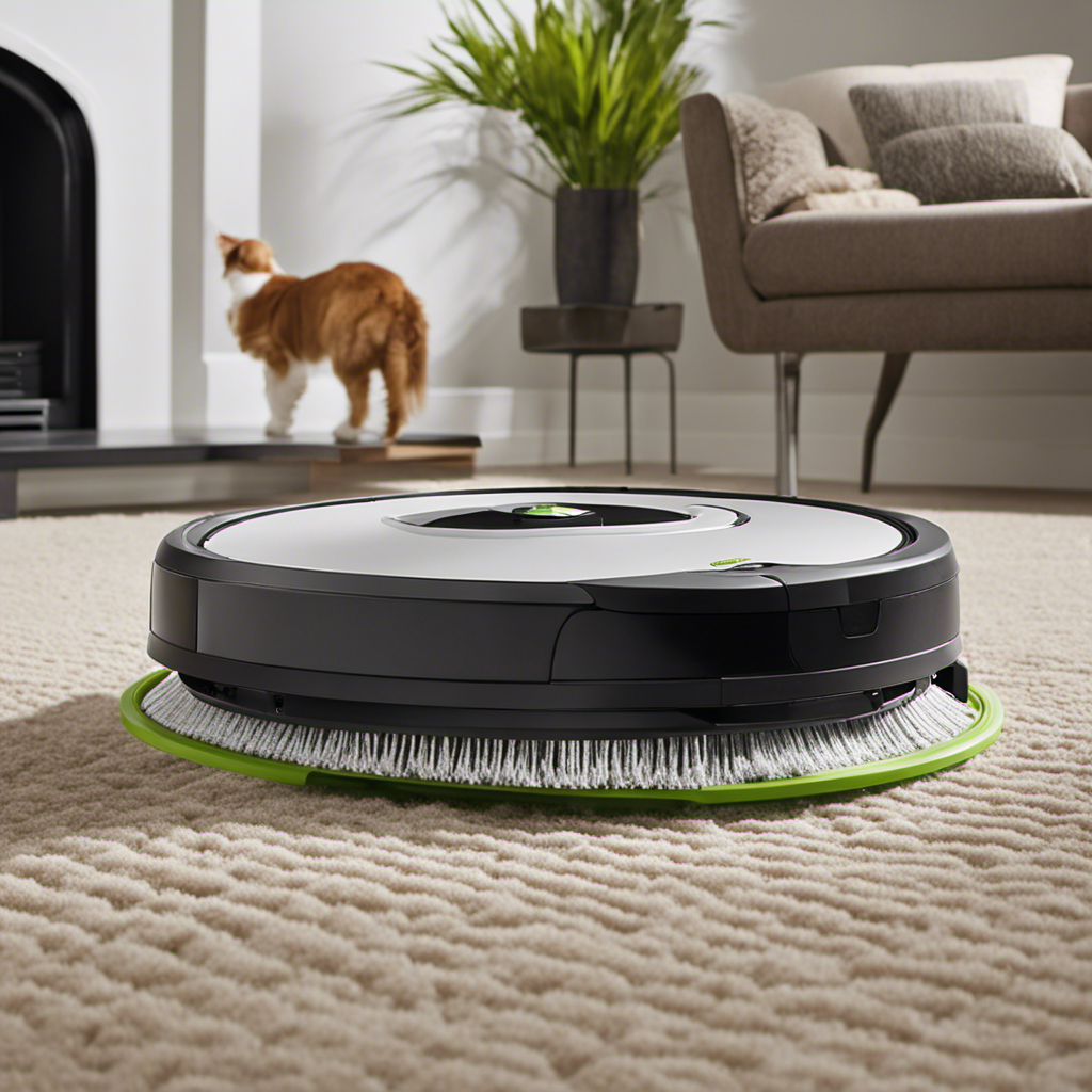 An image showcasing a Roomba effortlessly gliding across a carpeted floor, capturing every pet hair strand in its high-powered suction
