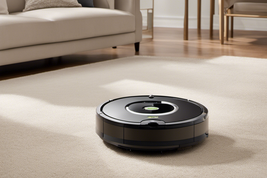 An image showcasing a Roomba in action, effortlessly gliding over a fluffy carpet covered in pet hair