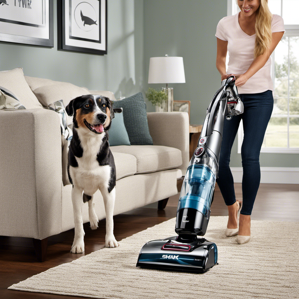 An image showcasing a Shark vacuum specifically designed for pet hair, while highlighting its unique feature of a fixed head