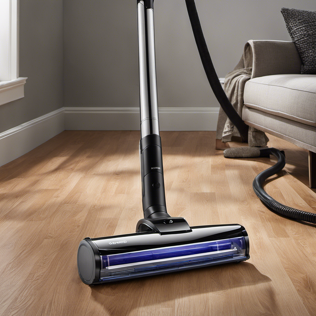 An image showcasing a sleek, modern vacuum cleaner effortlessly gliding over a luxurious hardwood floor, seamlessly transitioning onto a plush carpet while effectively capturing pesky pet hair