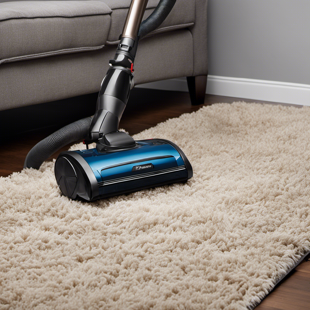 An image showcasing a vacuum cleaner with specialized pet hair attachments, effortlessly pulling up tufts of fur from a plush carpet
