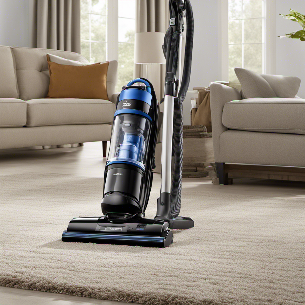 An image showcasing a high-powered vacuum effortlessly removing pet hair from various surfaces, including carpets, upholstery, and hard floors
