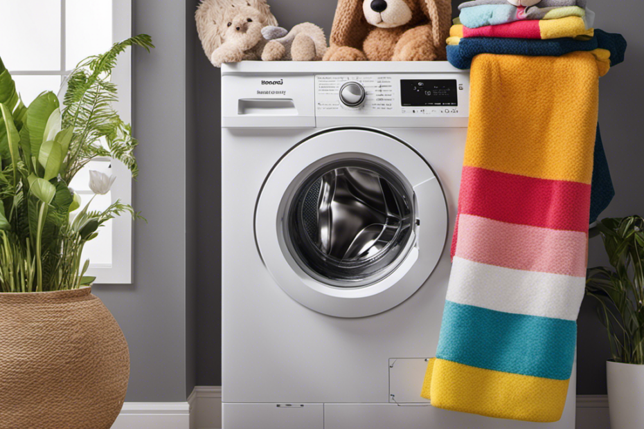 An image showcasing a washing machine loaded with a colorful assortment of pet hair-covered blankets, towels, and plush toys, demonstrating the effectiveness of various washing cycles in removing pet hair