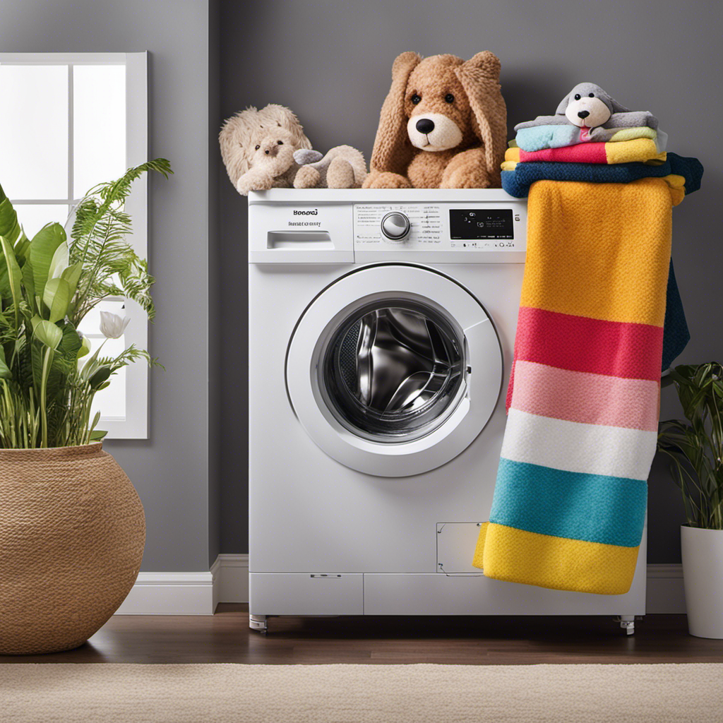 An image showcasing a washing machine loaded with a colorful assortment of pet hair-covered blankets, towels, and plush toys, demonstrating the effectiveness of various washing cycles in removing pet hair