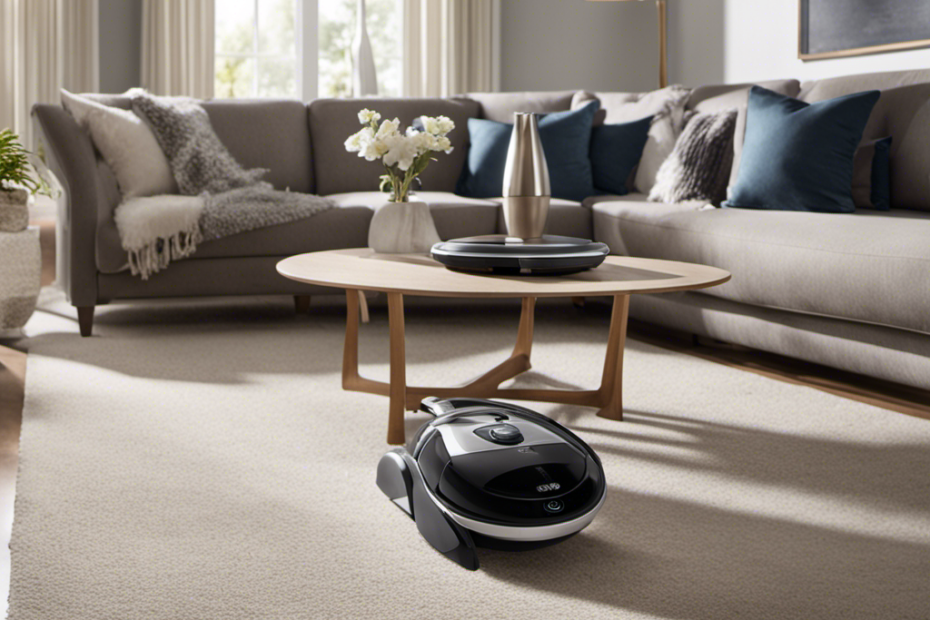 An image showcasing a sleek, modern living room with a plush carpet