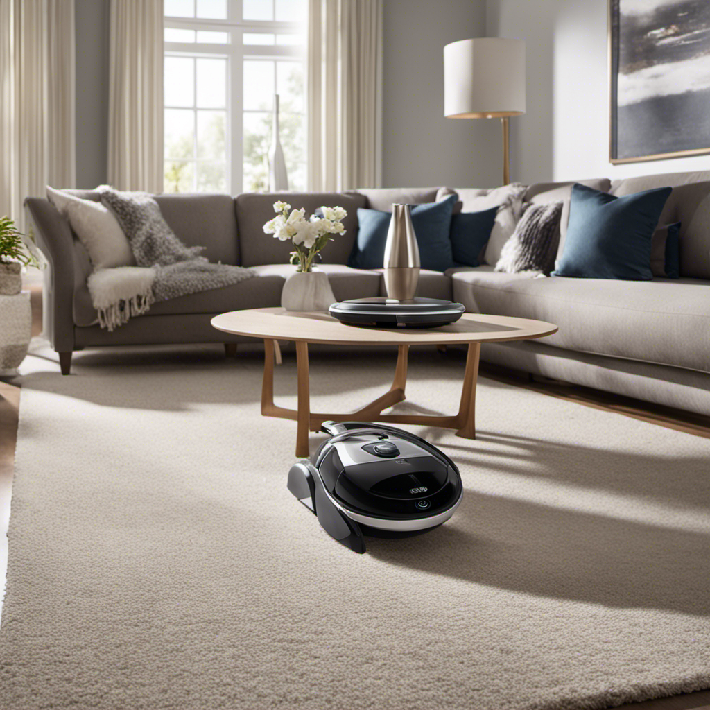 An image showcasing a sleek, modern living room with a plush carpet