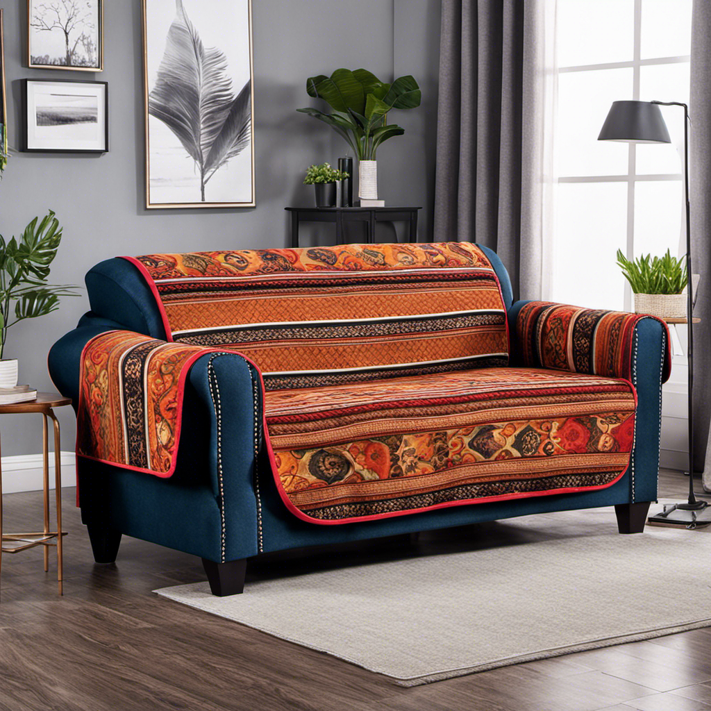 An image showcasing a sleek sofa cover, adorned with vibrant patterns and made from high-quality, pet hair-resistant fabric