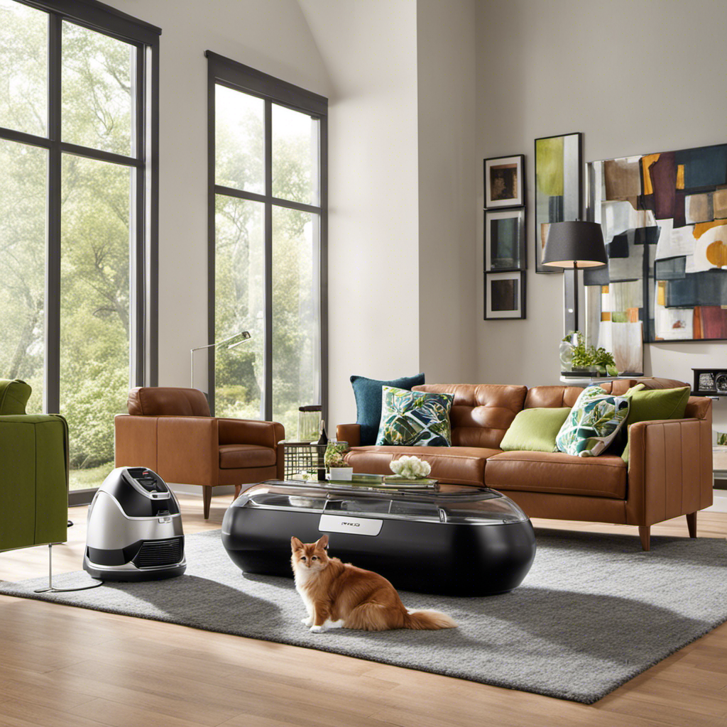 An image showcasing a modern, well-lit pet-friendly living room with a sleek Bissell Pet Hair Eraser Vacuum seamlessly blending into the decor