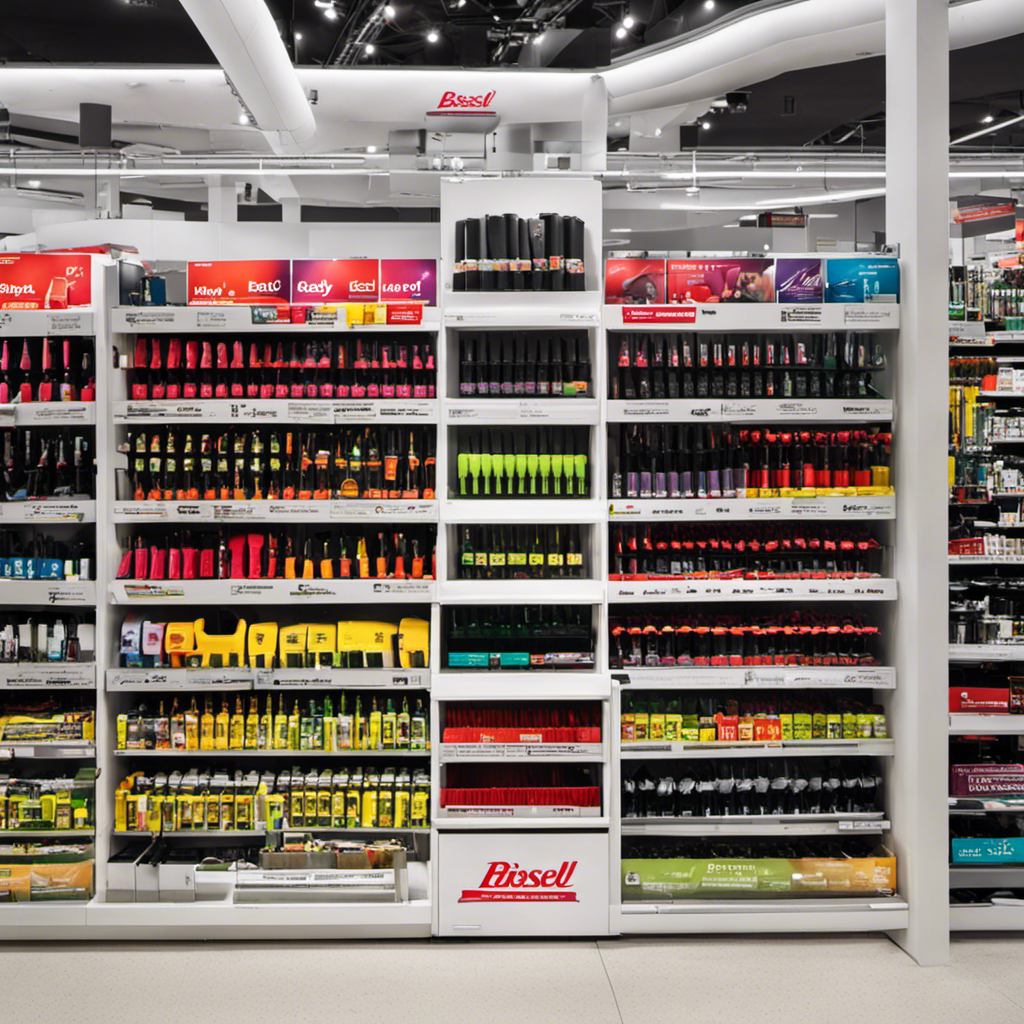 An image showcasing a neatly organized display shelf at a department store, adorned with a variety of Bissell Vacuum Cleaners