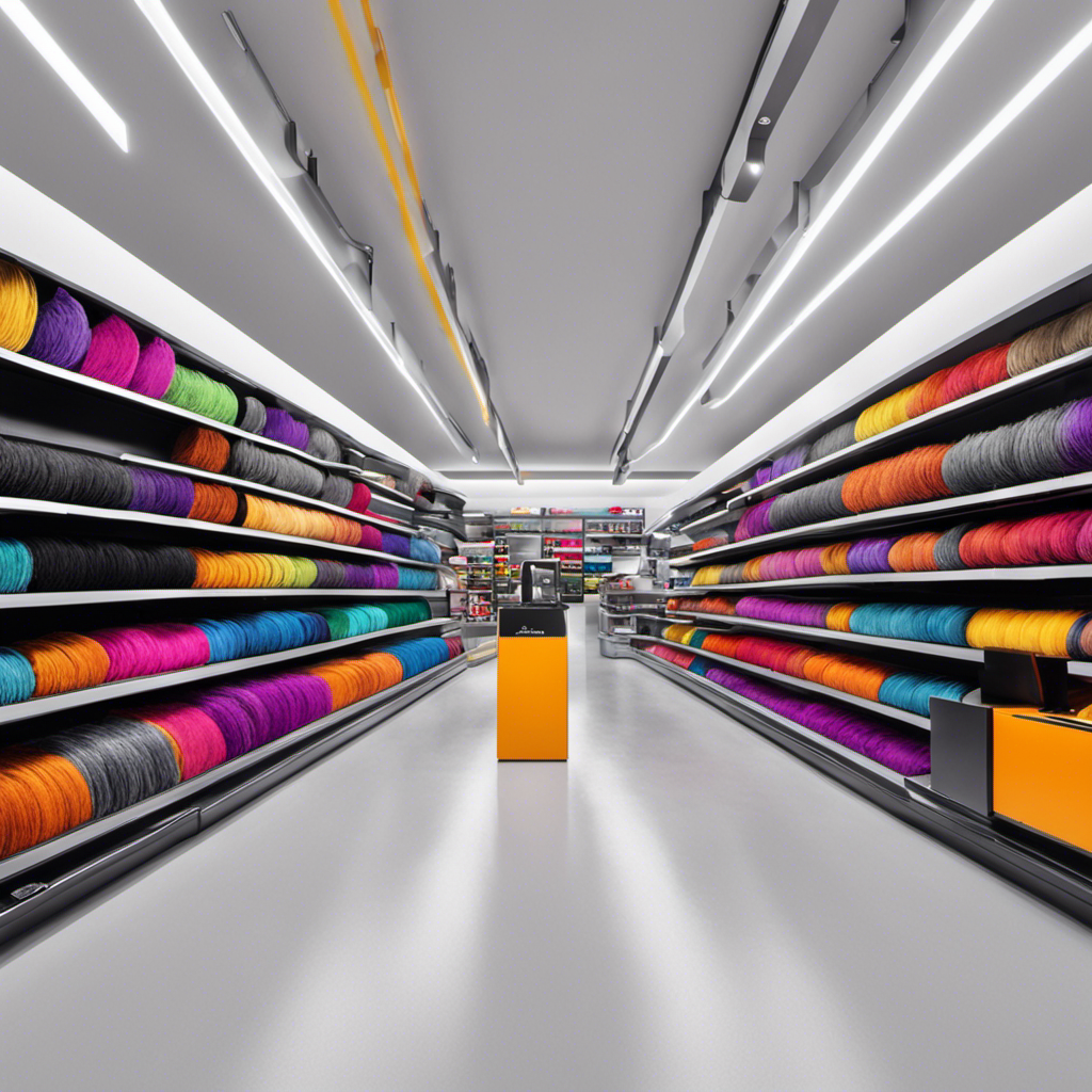 An image showcasing a top-down view of a modern, sleek retail store aisle, filled with rows of neatly displayed Dyson Pet Hair Plus 2 vacuums in various vibrant colors, enticing customers to explore and purchase
