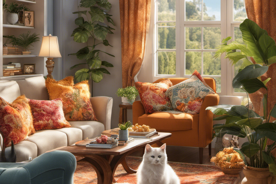 An image showcasing a cozy living room scene where a vibrant, sunlit space is adorned with plush furniture and delicate decor