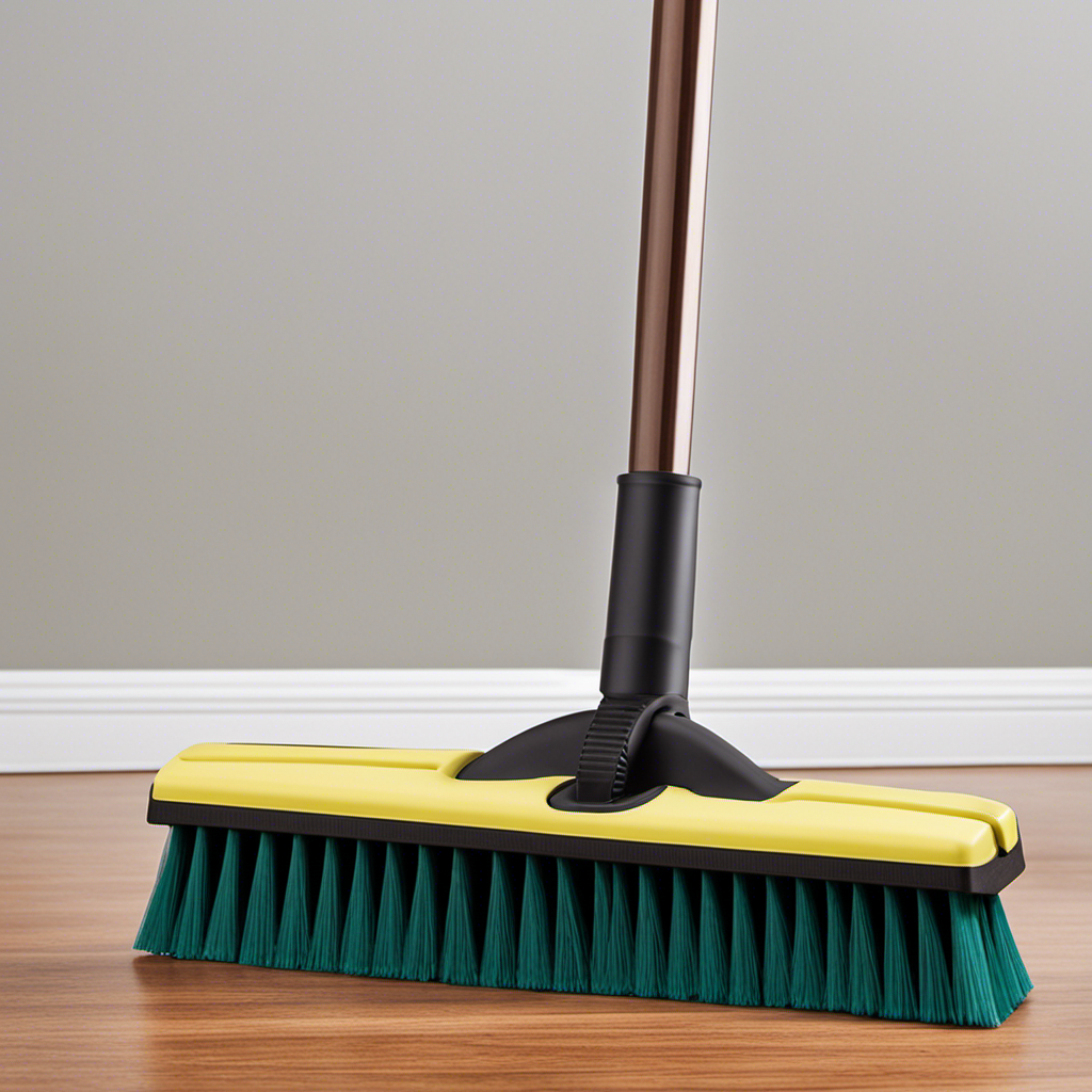 An image showcasing a rubber broom with its uniquely designed rubber bristles effectively capturing pet hair from various surfaces like carpets, upholstery, and hardwood floors