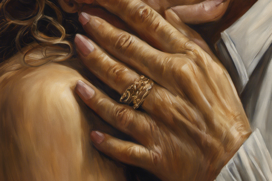An image capturing a close-up view of Curley's Wife's hand gently guiding Lennie's large, calloused hand towards her soft, golden locks, showcasing the vulnerability and longing in her eyes as she surrenders to a moment of tenderness