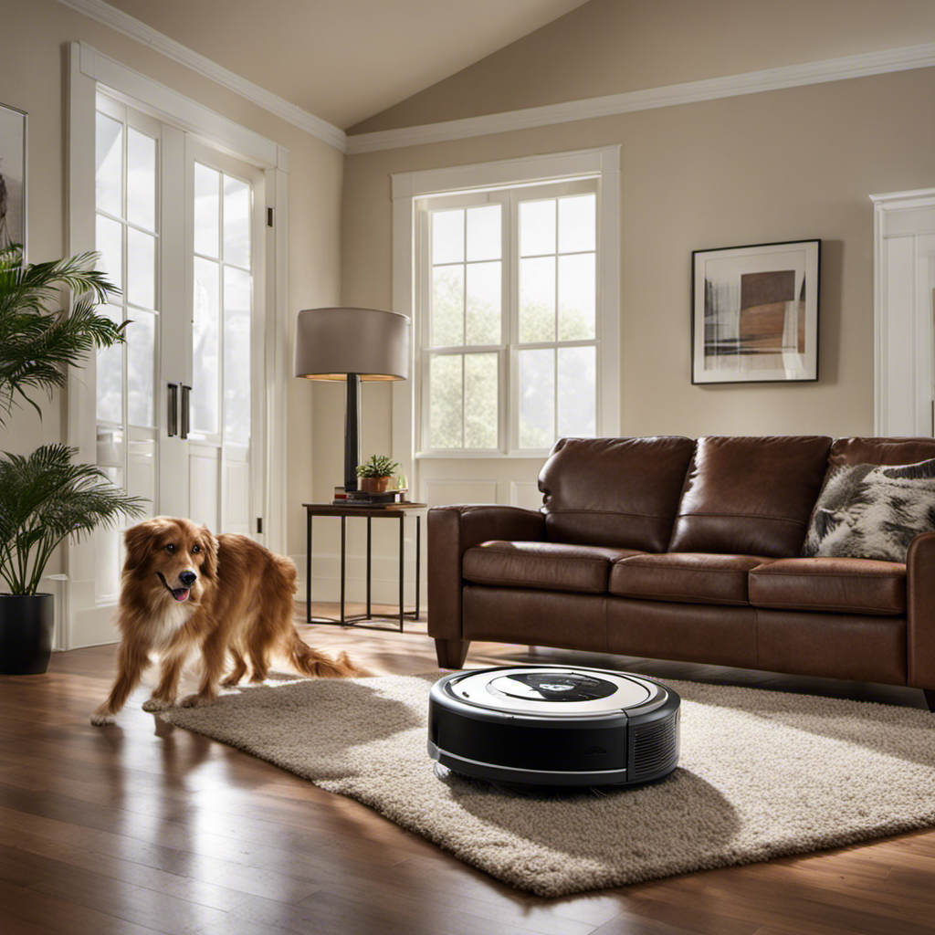 An image capturing a frustrated pet owner's living room floor covered in tangled pet hair, while a Roomba sits nearby, its brushes entangled and its red indicator light flashing, indicating an error