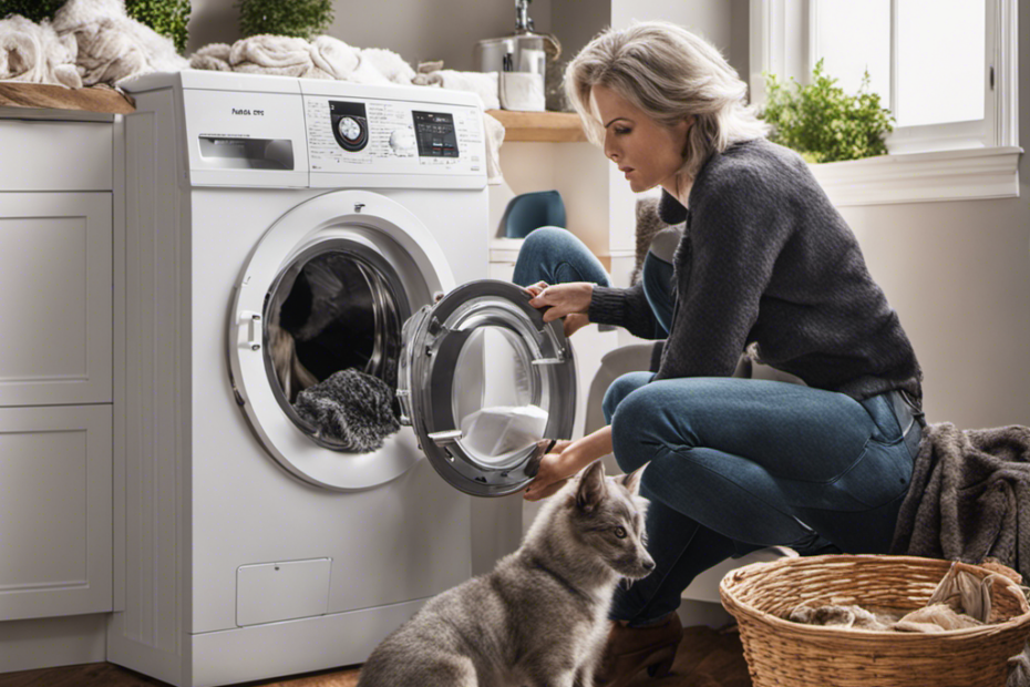 An image of a frustrated pet owner, staring at a washing machine filled with fur-covered laundry