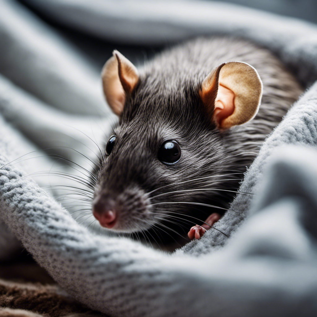 An image showing a close-up of a balding pet rat, with patchy fur, resting on a soft blanket
