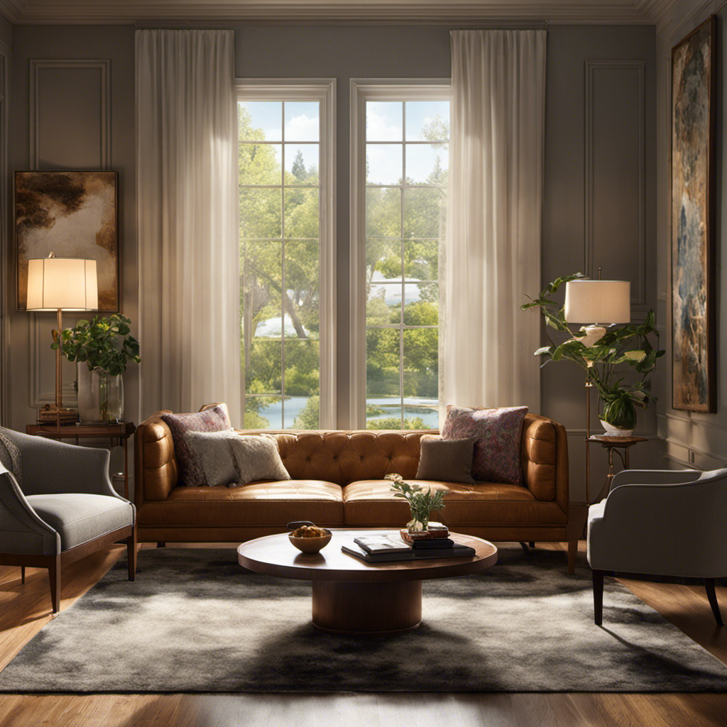 An image portraying a cozy living room flooded with floating pet hair, caught in the sun's rays streaming through a window, swirling and settling on furniture, rugs, and every surface