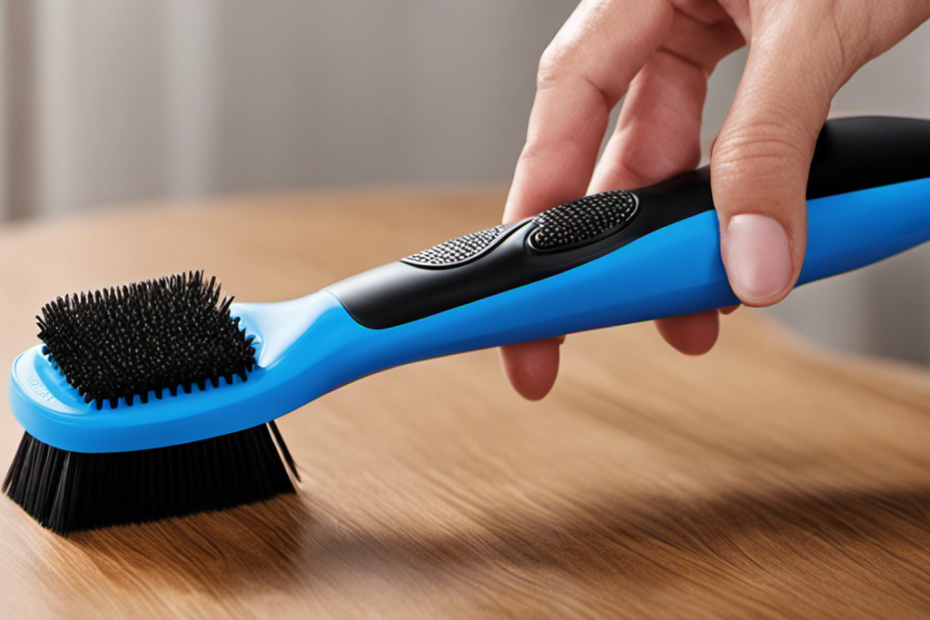 An image showcasing the Pledge Pet Hair Remover's intricate construction: a durable, ergonomic handle with a textured grip, seamlessly connected to a patented rubber brush featuring densely packed, specially designed bristles, ensuring maximum effectiveness in removing pet hair