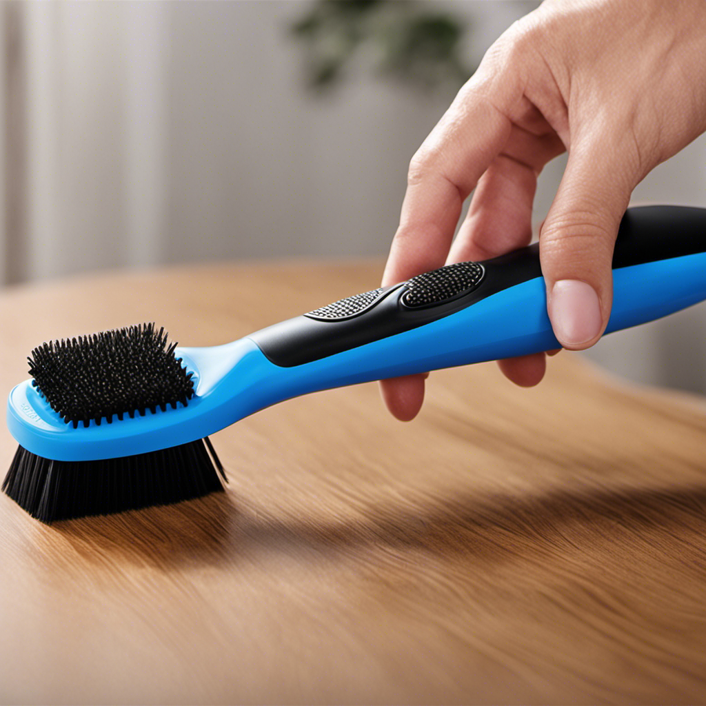 An image showcasing the Pledge Pet Hair Remover's intricate construction: a durable, ergonomic handle with a textured grip, seamlessly connected to a patented rubber brush featuring densely packed, specially designed bristles, ensuring maximum effectiveness in removing pet hair