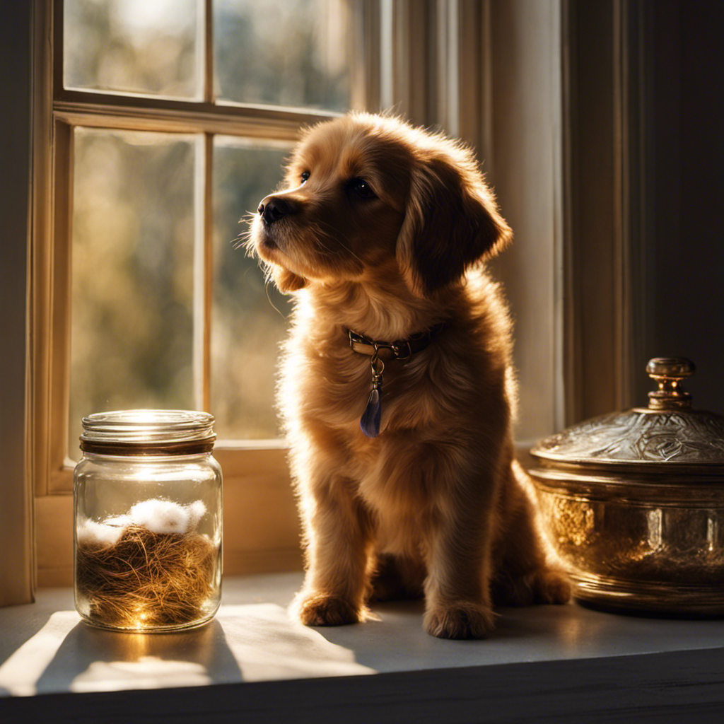 An image capturing a tender moment: a sunlit windowsill adorned with a small glass jar, gently holding a solitary strand of dog hair, delicately illuminated by a soft beam of golden light