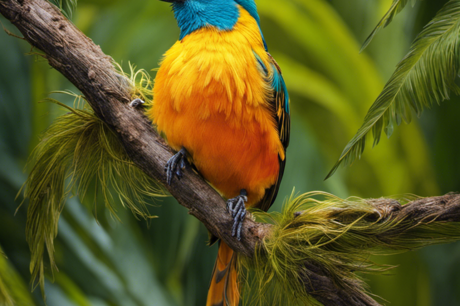 An image showcasing a vibrant, tropical bird perched on a branch, surrounded by floating pet hair