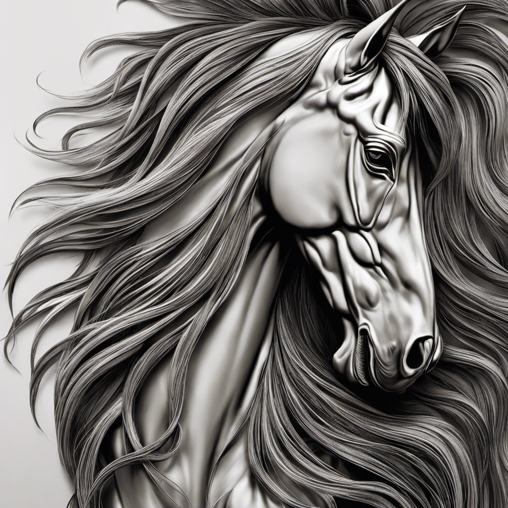 An image capturing the intricate beauty of a horse's mane flowing gracefully in the wind, showcasing the natural direction of each strand as it follows the contours of the majestic creature's body