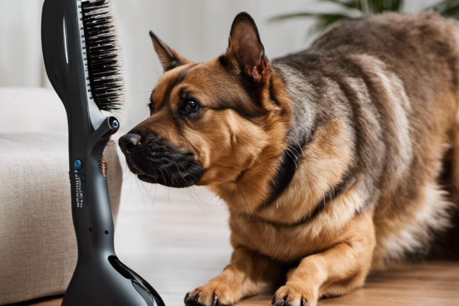 An image showcasing a frustrated pet owner struggling to remove stubborn pet hair from their furniture using a Shark Pet Hair Power Brush