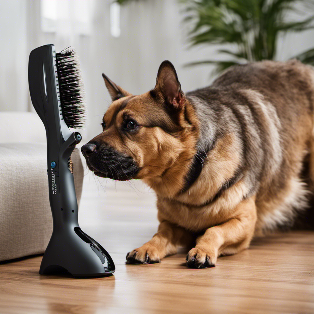 An image showcasing a frustrated pet owner struggling to remove stubborn pet hair from their furniture using a Shark Pet Hair Power Brush