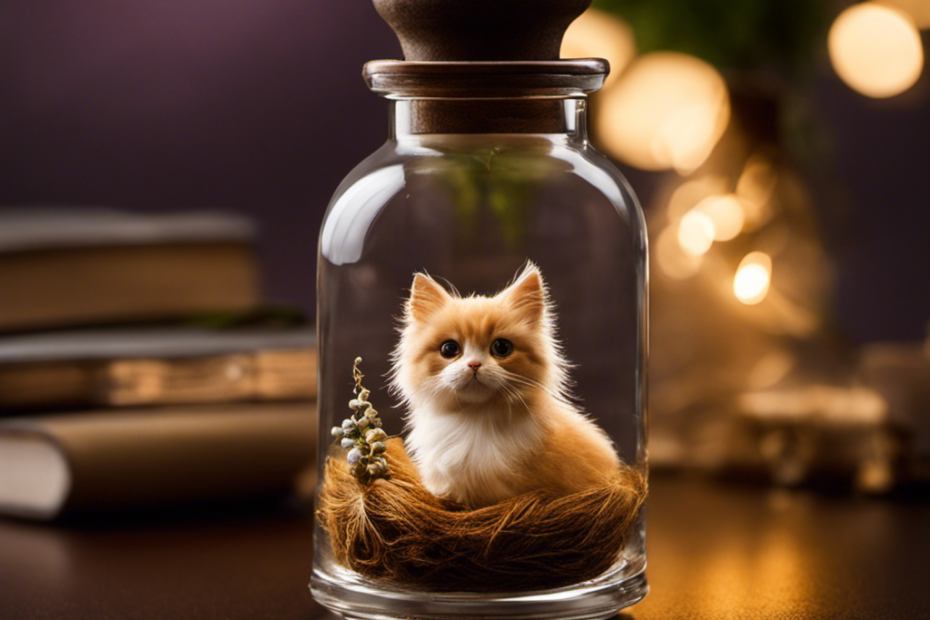 An image showcasing a pet owner's hands delicately cradling a small, intricately crafted glass vial containing a few strands of their beloved pet's hair, surrounded by soft, warm lighting that evokes a sense of comfort and remembrance