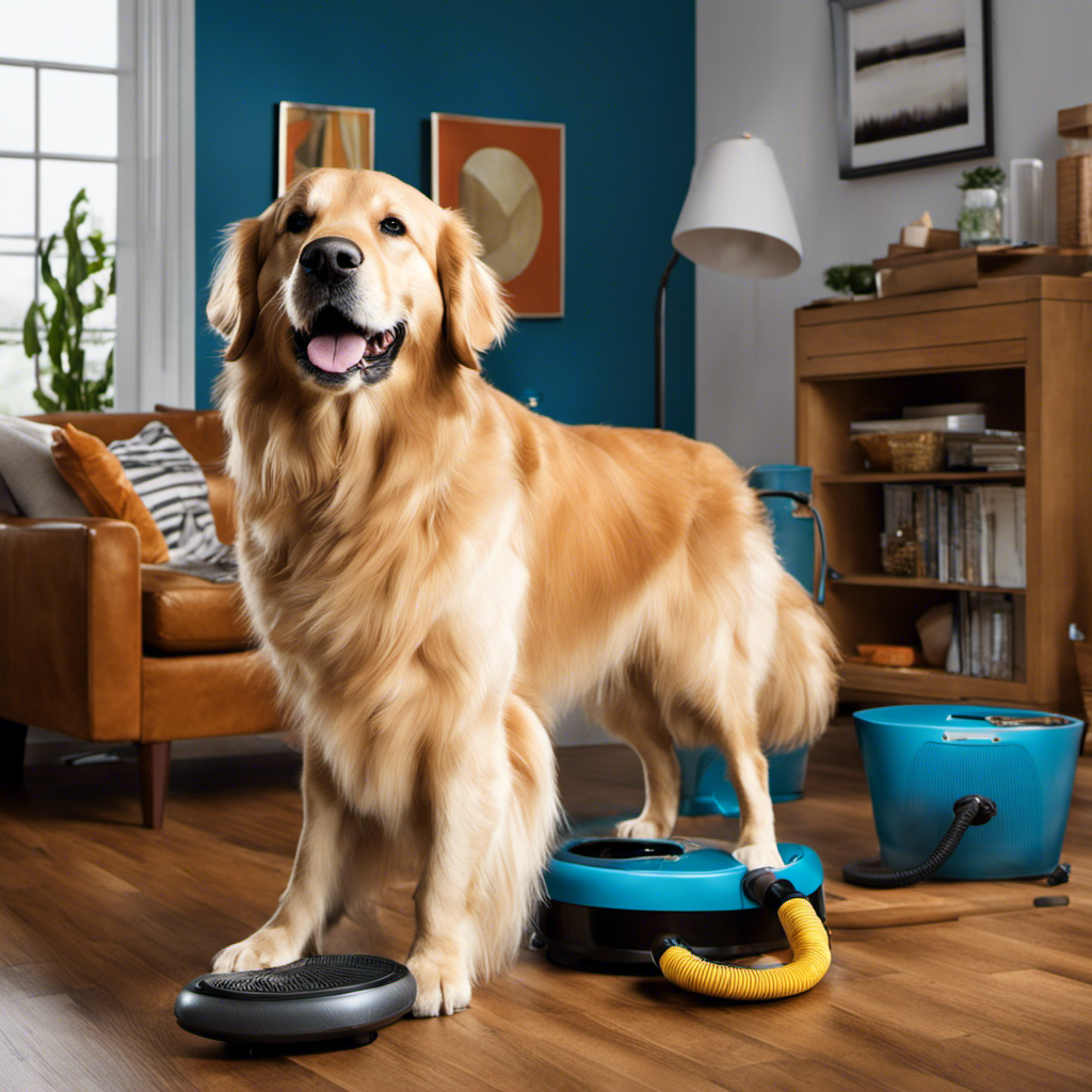 An image showcasing a vibrant living room with a golden retriever playfully shedding its fur