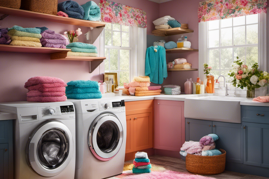 An image featuring a vibrant laundry room scene: a washing machine filled with fluffy sheets covered in colorful pet hair, surrounded by floating pet brushes, lint rollers, and freshly washed sheets emerging hair-free and pristine