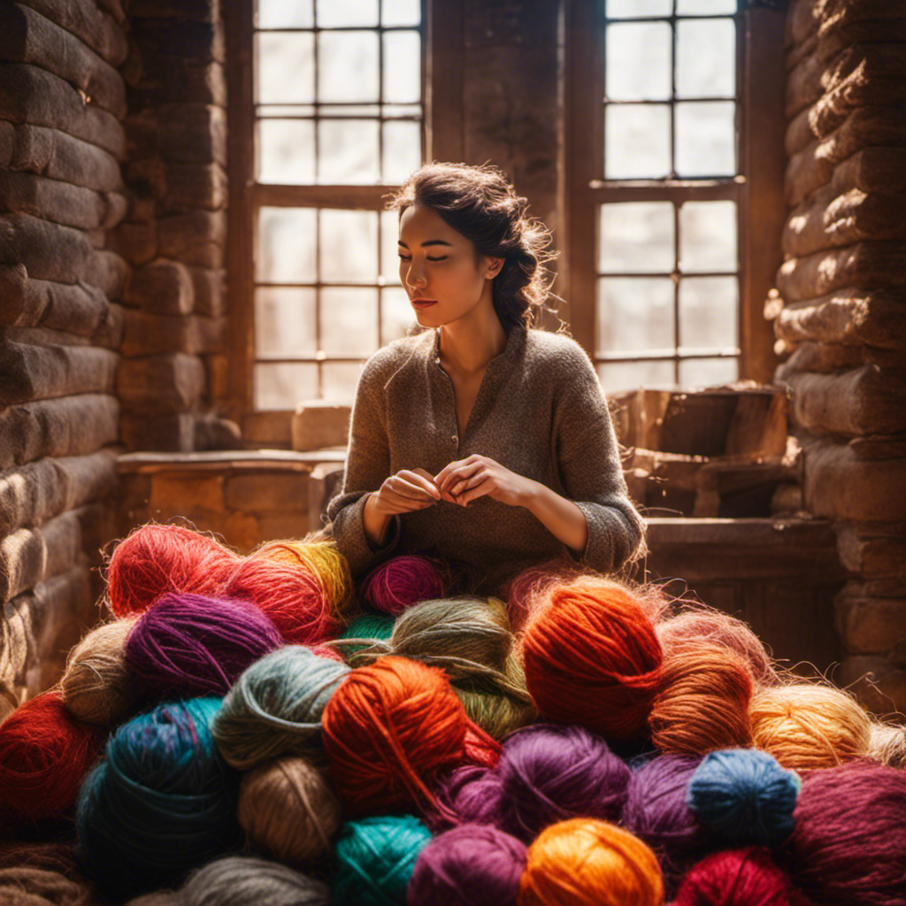 An image showcasing a woman with a serene expression, sitting amidst a colorful pile of yarn spun from pet hair